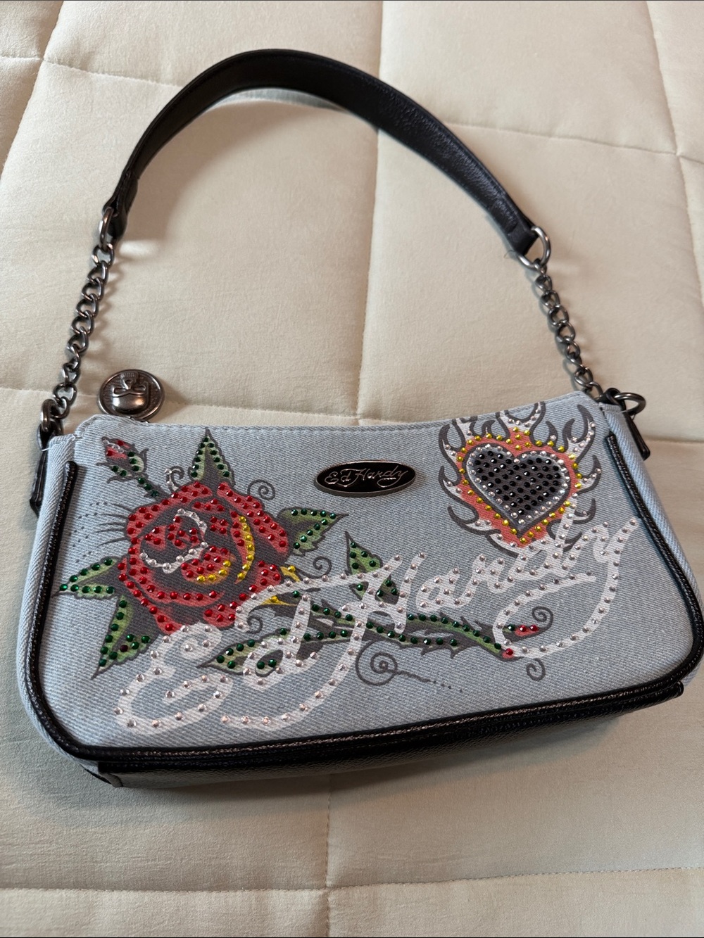 Ed Hardy Light Gray Rose & Heart Embellished Wristlet